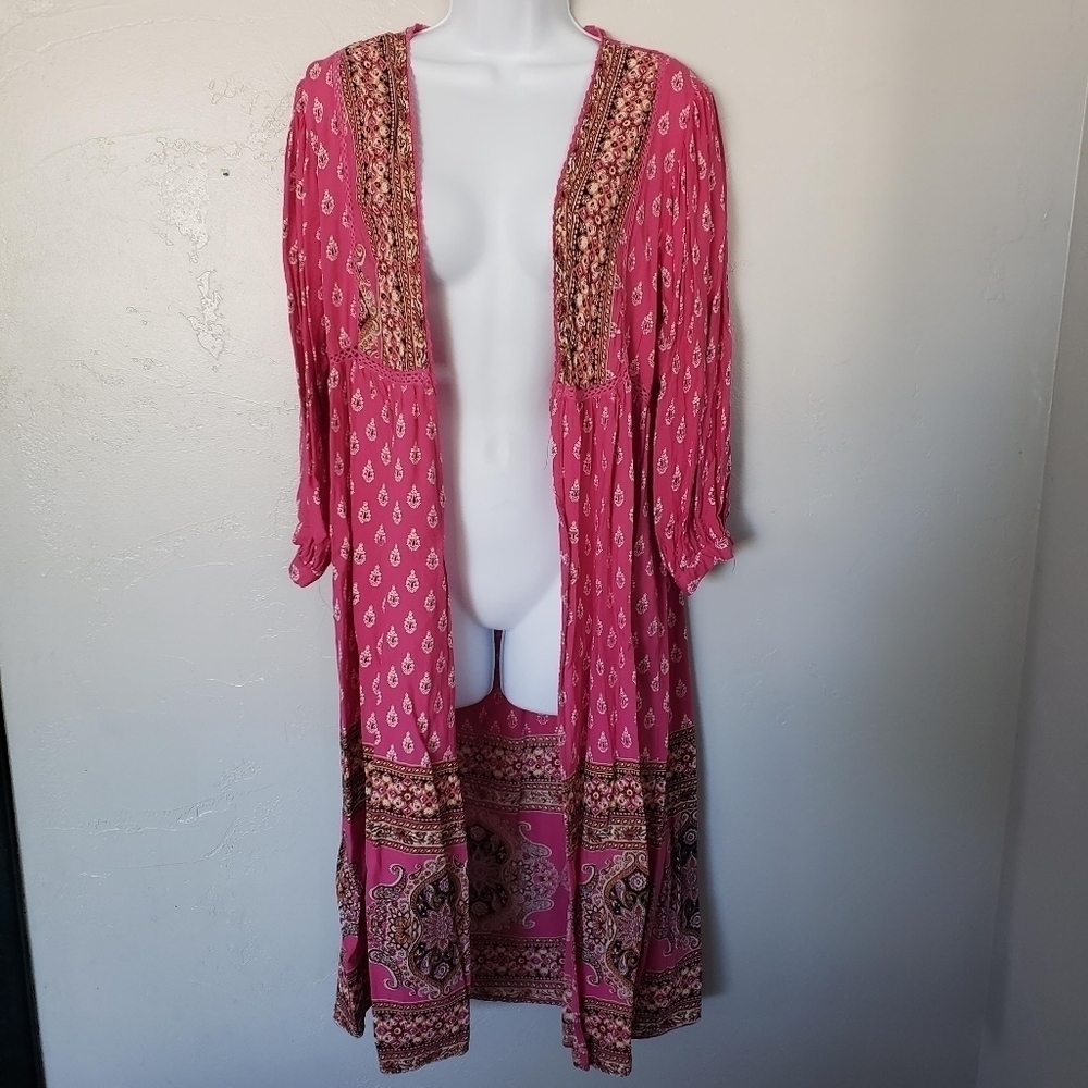 Angie Women's Medium Duster Cardigan Pink Brown Paisley Western Boho Indie Top